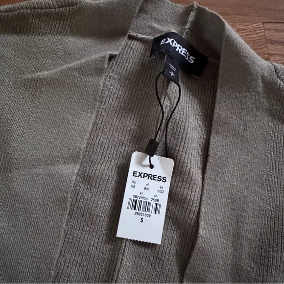 Express Olive Green Open-Front Long Ribbed Cardigan - Picture 2 of 4